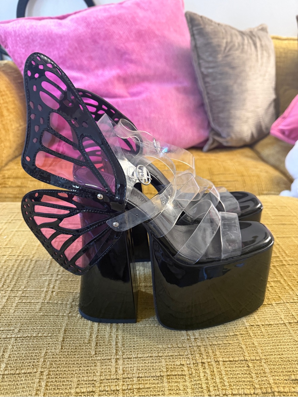 Dolls Kill Black Patent Platform Sandals with Pink Butterfly Wings